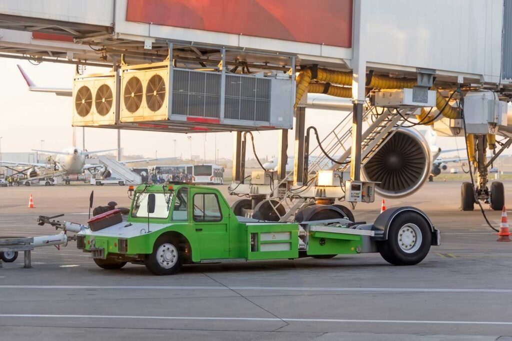Green tug used to push or pull planes to parking slots or to runways