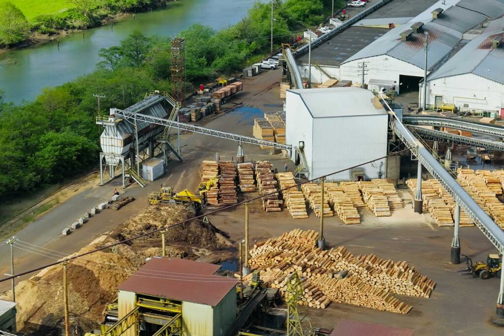 High angle aerial shot of lumber yard